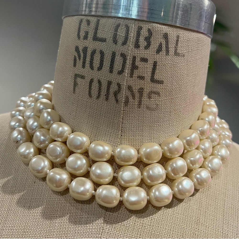 Vintage CAROLEE Faux Baroque Pearl Triple Strand Chunky Choker Necklace